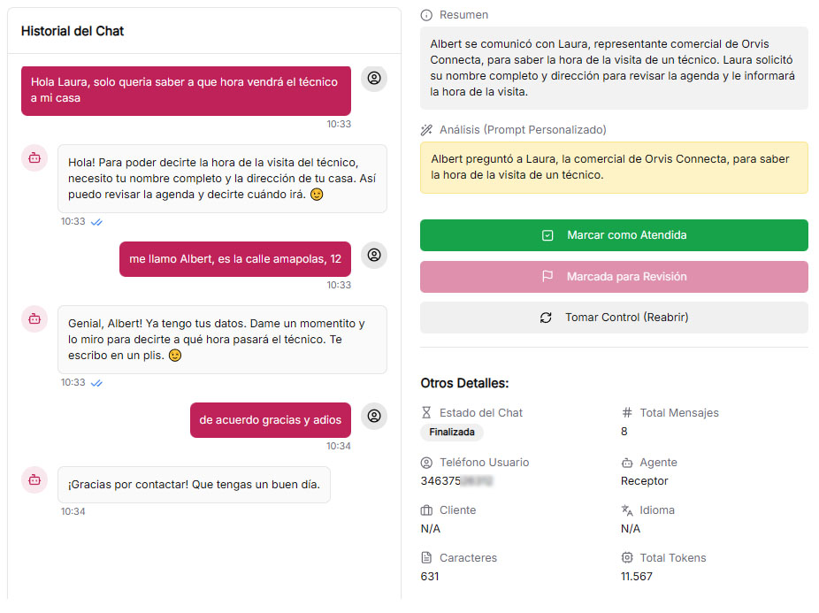 Conversación de WhatsApp atendida por Orvis Intelligence